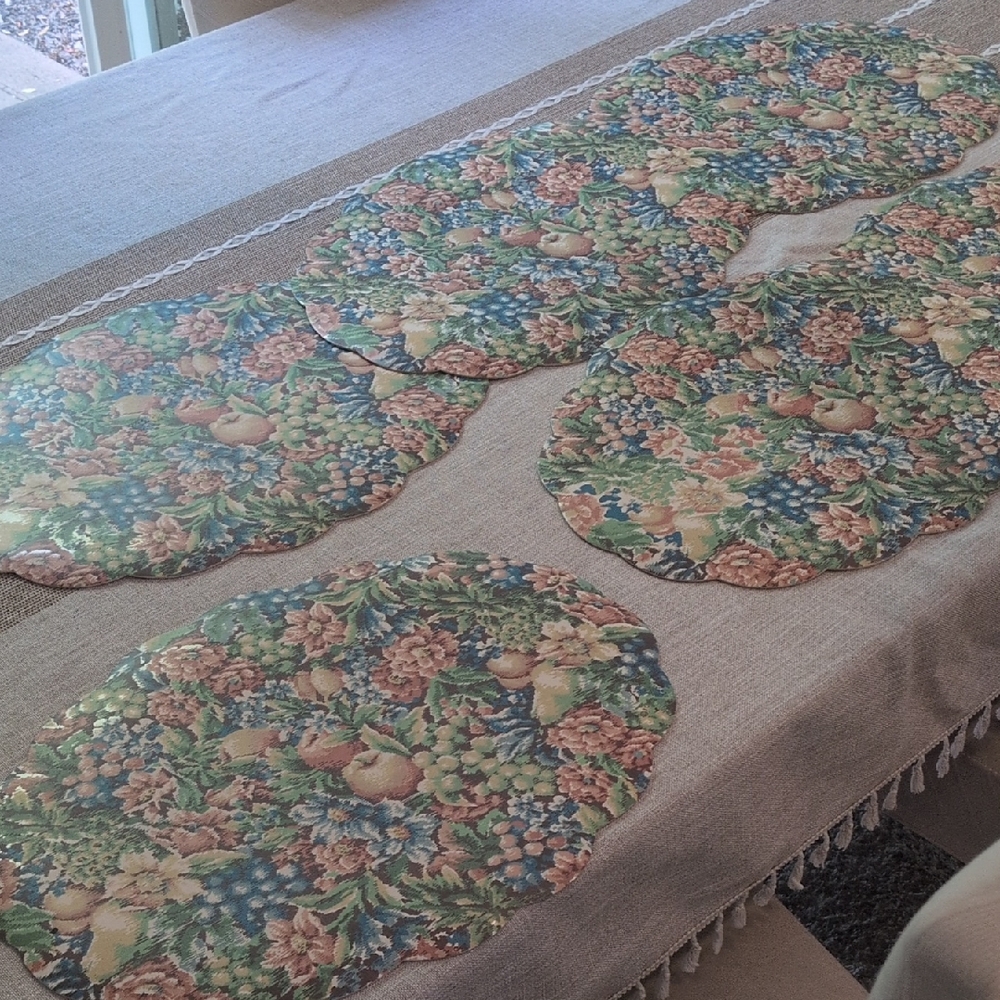 ✅Vintage Grandmacore Floral Fruit Dining Table Oval Placemats Granny